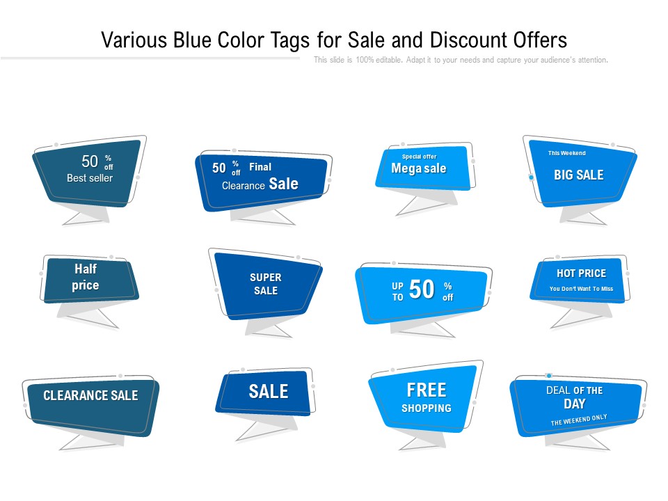 Various Blue Color Tags For Sale And Discount Offers Ppt Powerpoint Presentation Visual Aids Pdf