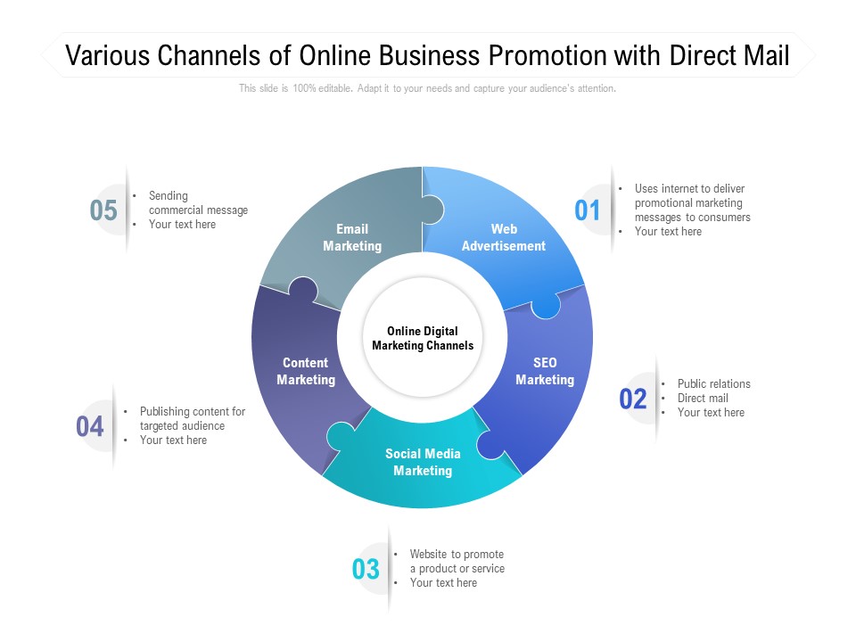 Various Channels Of Online Business Promotion With Direct Mail Ppt PowerPoint Presentation Portfolio Infographic Template