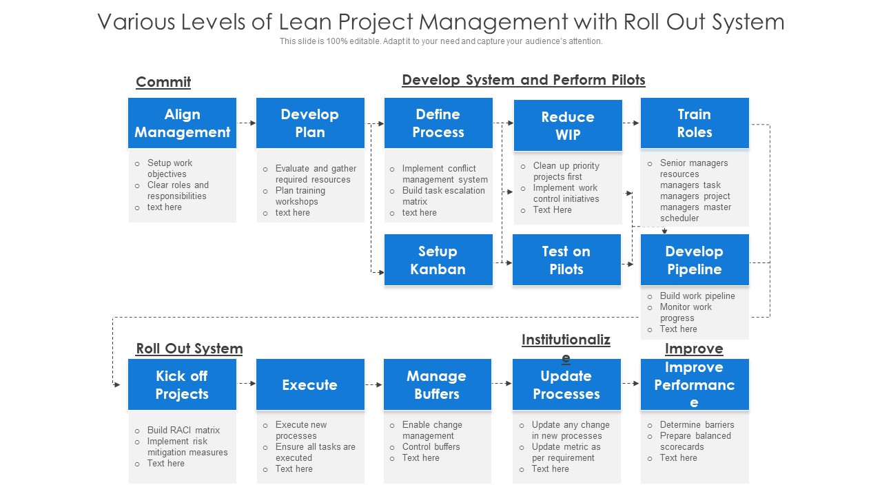 Various Levels Of Lean Project Management With Roll Out System Ppt PowerPoint Presentation Portfolio Backgrounds PDF