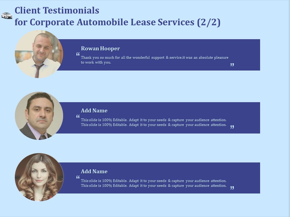 Vehicle Leasing Client Testimonials For Corporate Automobile Lease Services Audience Infographics PDF