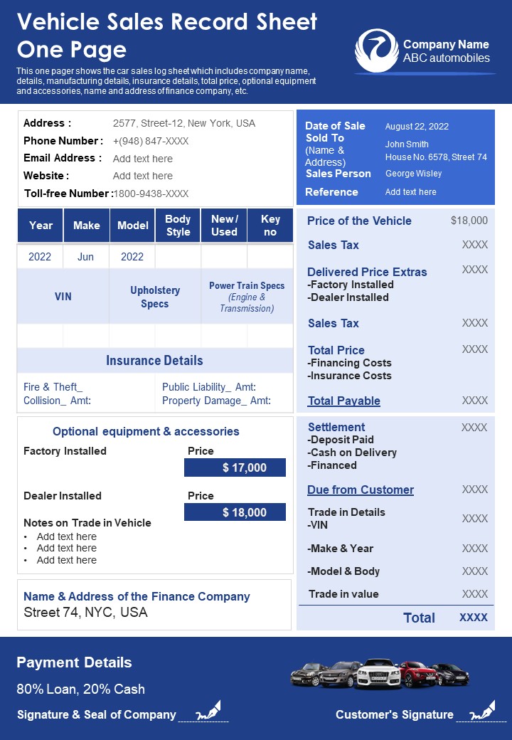 Vehicle Sales Record Sheet One Page PDF Document PPT Template