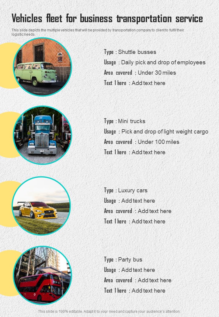 Vehicles Fleet For Business Transportation Service One Pager Sample Example Document