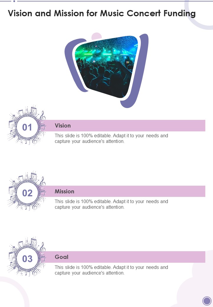 Vision And Mission For Music Concert Funding One Pager Sample Example Document