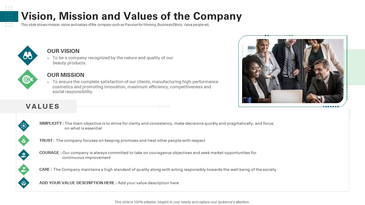 Vision Mission And Values Of The Company Ppt Slides Portfolio PDF