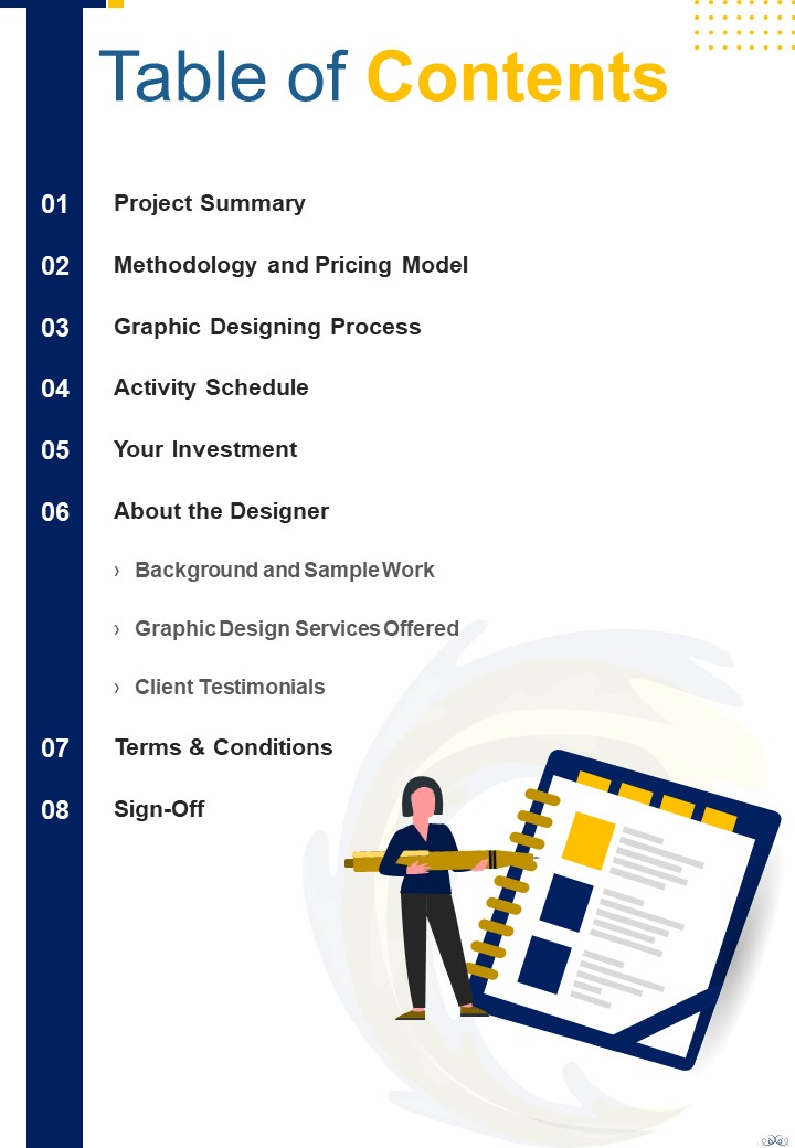 Visual Designing Freelancing Proposal Table Of Contents One Pager Sample Example Document