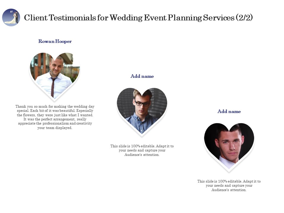 Wedding Affair Management Client Testimonials For Event Planning Services Slides PDF
