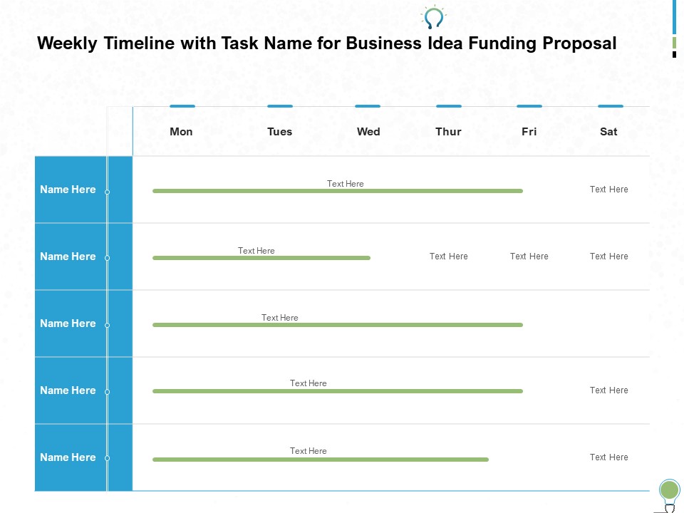 Weekly Timeline With Task Name For Business Idea Funding Proposal Ppt PowerPoint Presentation Portfolio Diagrams