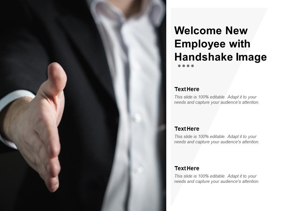 Welcome New Employee With Handshake Image Ppt PowerPoint Presentation Infographics Diagrams