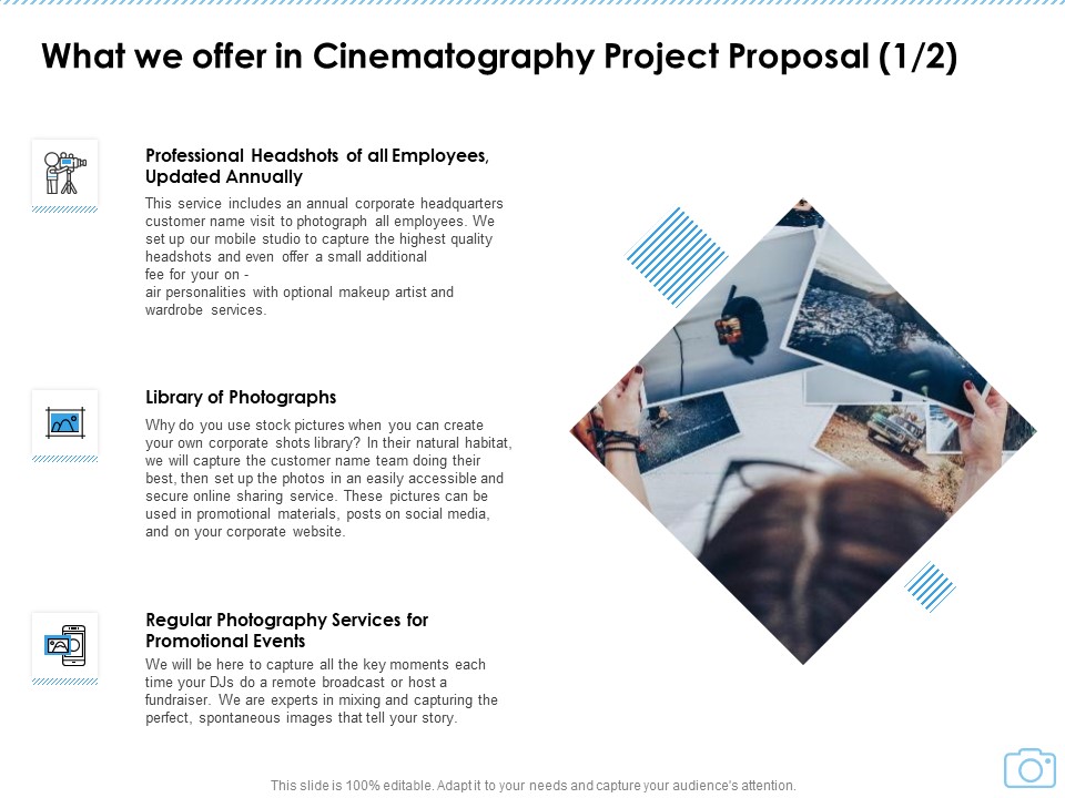 What We Offer In Cinematography Project Proposal Events Ppt Model Graphics Design PDF