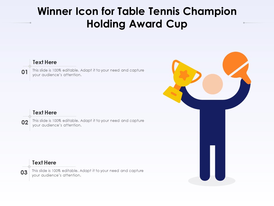 Winner Icon For Table Tennis Champion Holding Award Cup Ppt PowerPoint Presentation File Graphics Design PDF