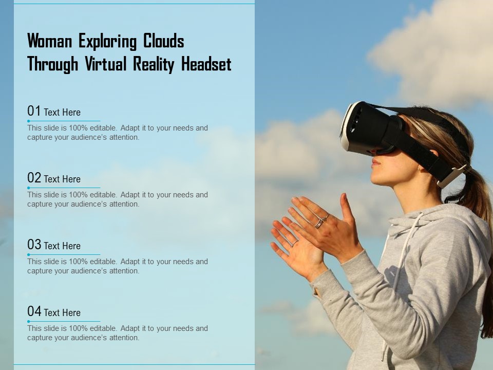 Woman Exploring Clouds Through Virtual Reality Headset Ppt PowerPoint Presentation Gallery Portfolio PDF