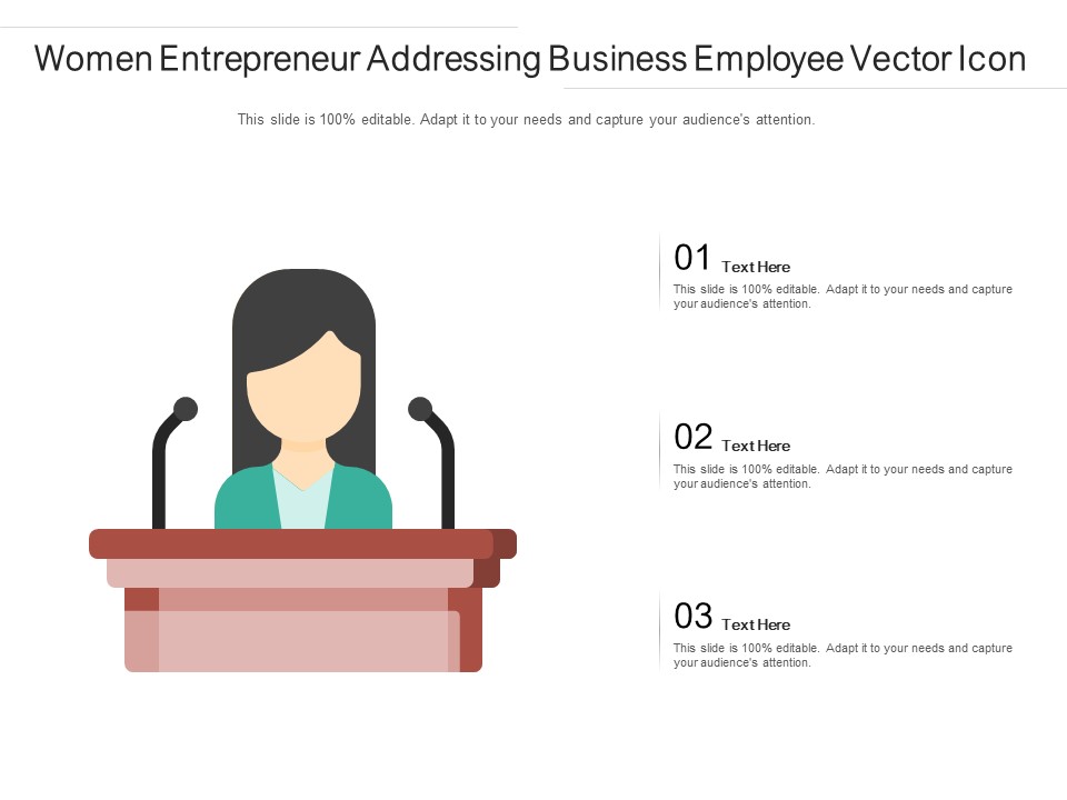 Women Entrepreneur Addressing Business Employee Vector Icon Ppt PowerPoint Presentation Gallery Design Ideas PDF