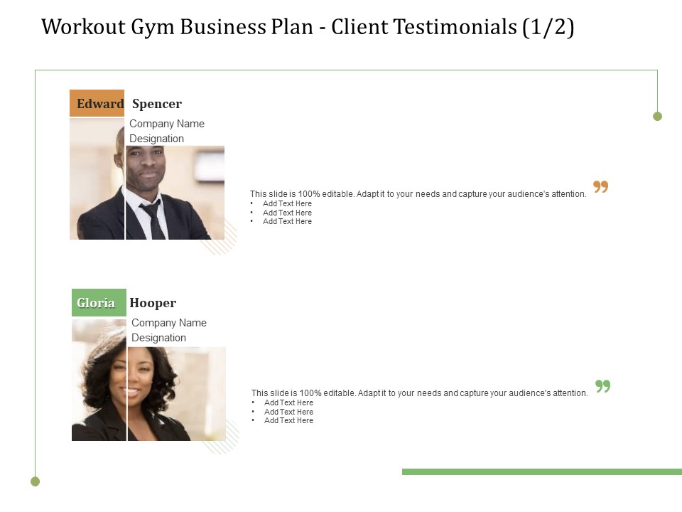 Workout Gym Business Plan Client Testimonials Communication Ppt Outline Master Slide PDF