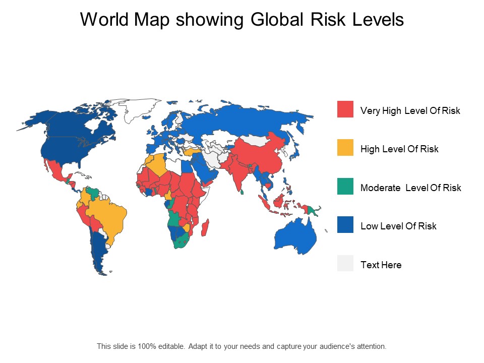World Map Showing Global Risk Levels Ppt PowerPoint Presentation Professional Display