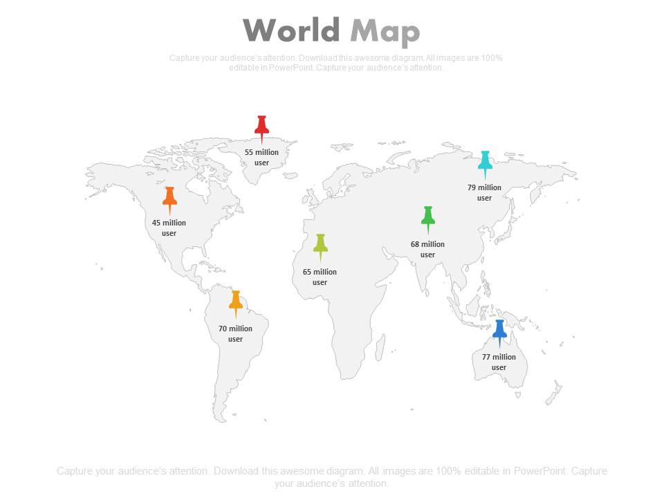 World Map With Different Locations Pins Powerpoint Slides
