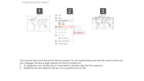World Map With Different Locations Pins Powerpoint Slides