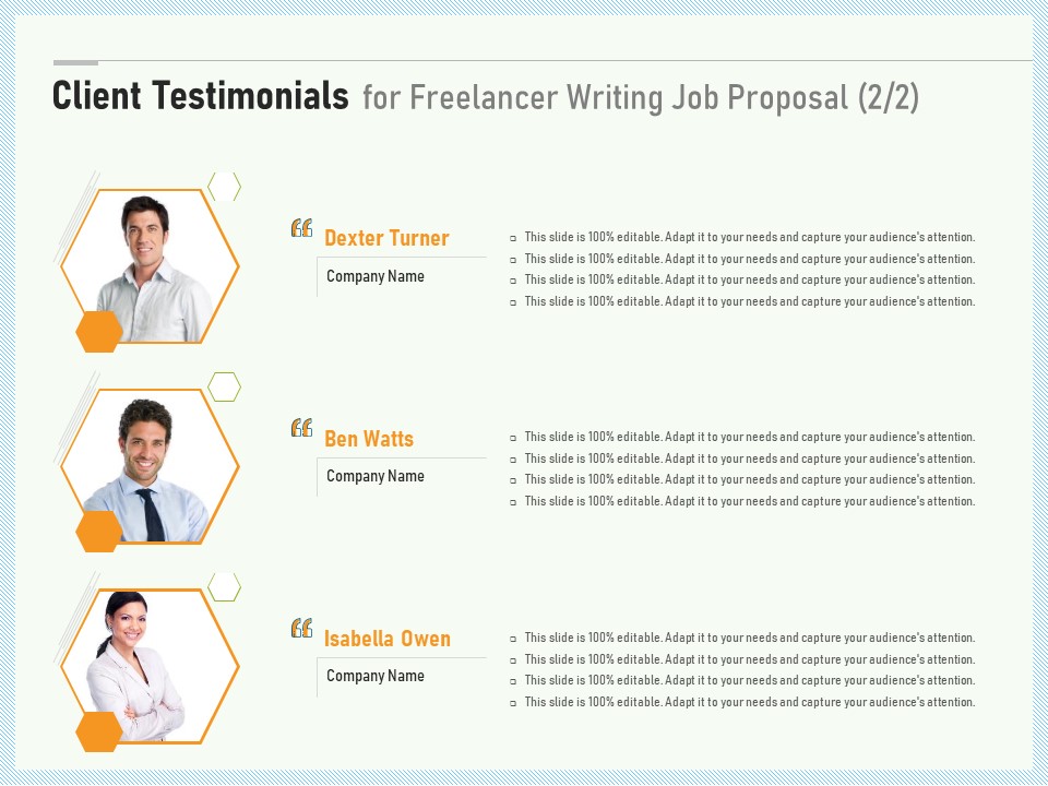 Writing A Bid Client Testimonials For Freelancer Writing Job Proposal Ppt PowerPoint Presentation Pictures Objects PDF