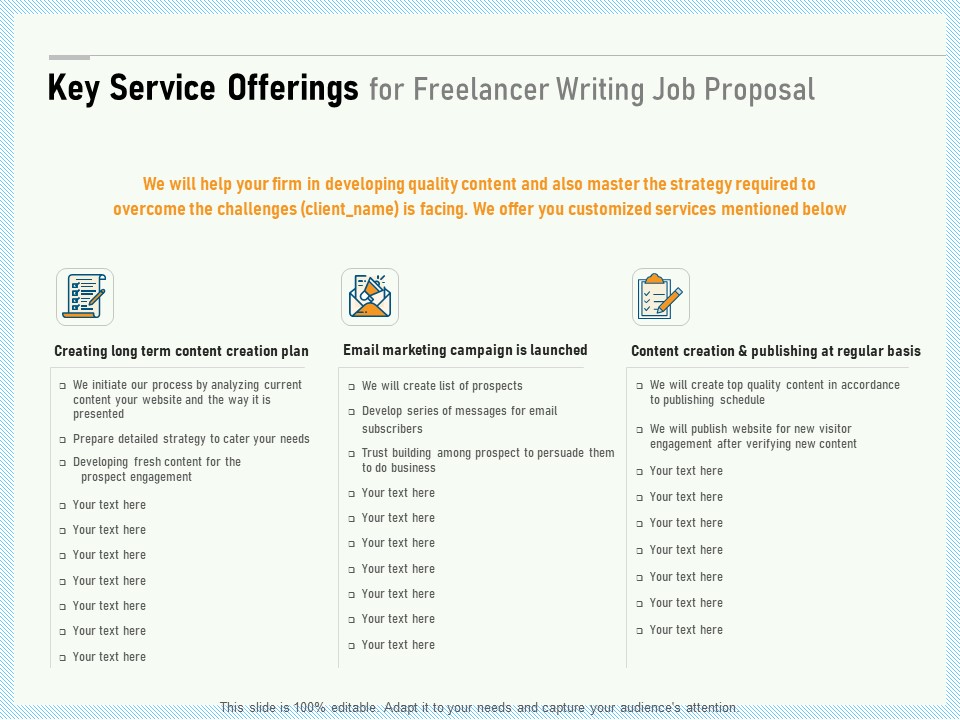 Writing A Bid Key Service Offerings For Freelancer Writing Job Proposal Ppt PowerPoint Presentation Summary Show PDF