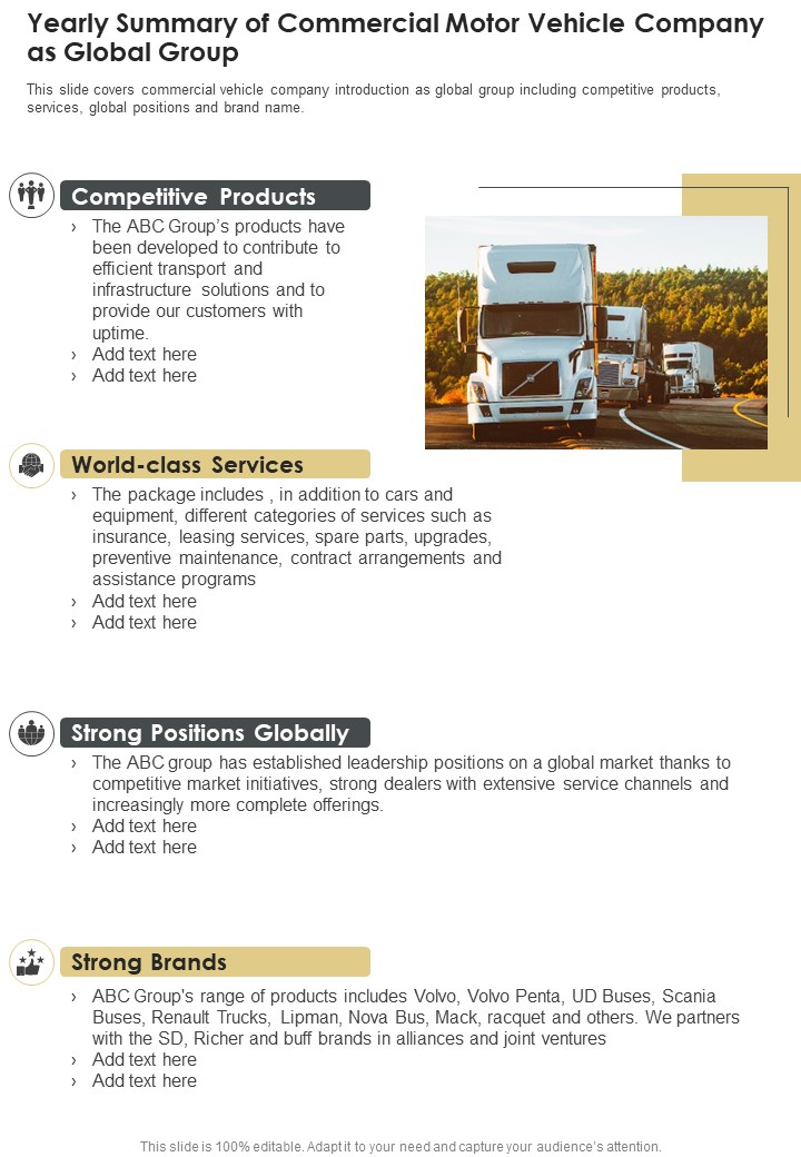 Yearly Summary Of Commercial Motor Vehicle Company As Global Group One Pager Documents