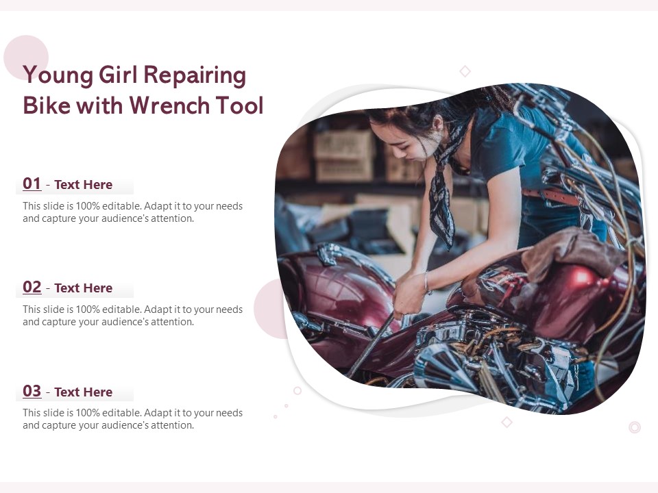 Young Girl Repairing Bike With Wrench Tool Ppt PowerPoint Presentation Gallery Model PDF