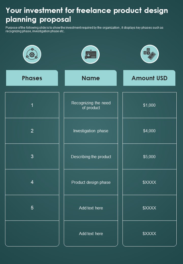 Your Investment For Freelance Product Design Planning Proposal One Pager Sample Example Document