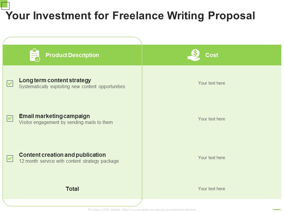 Your Investment For Freelance Writing Proposal Ppt Professional Inspiration PDF