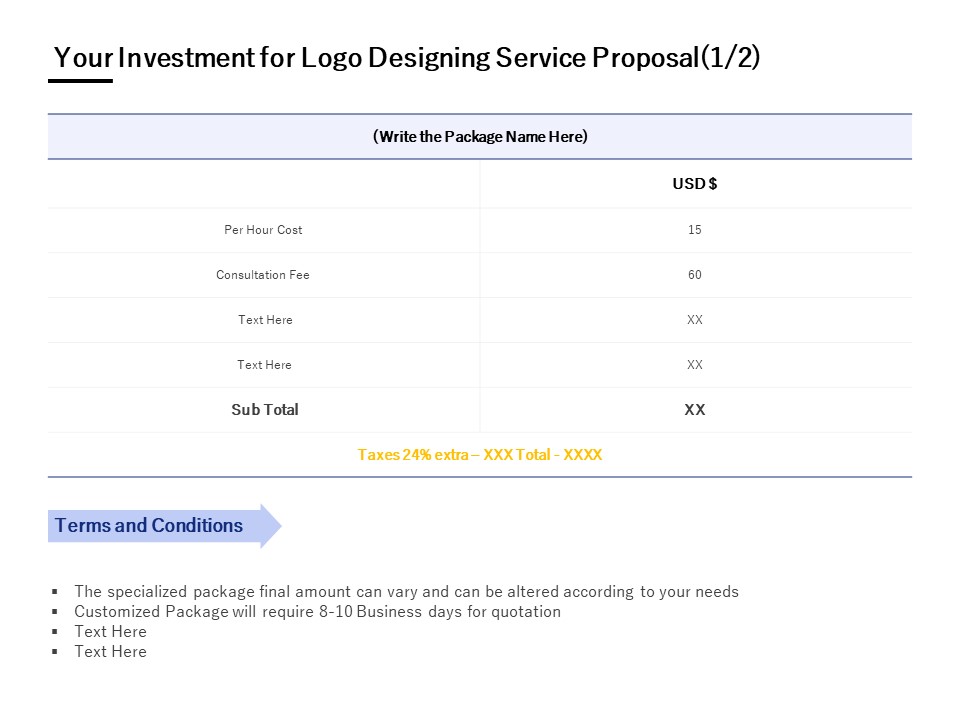 Your Investment For Logo Designing Service Proposal Ppt PowerPoint Presentation Icon Layout