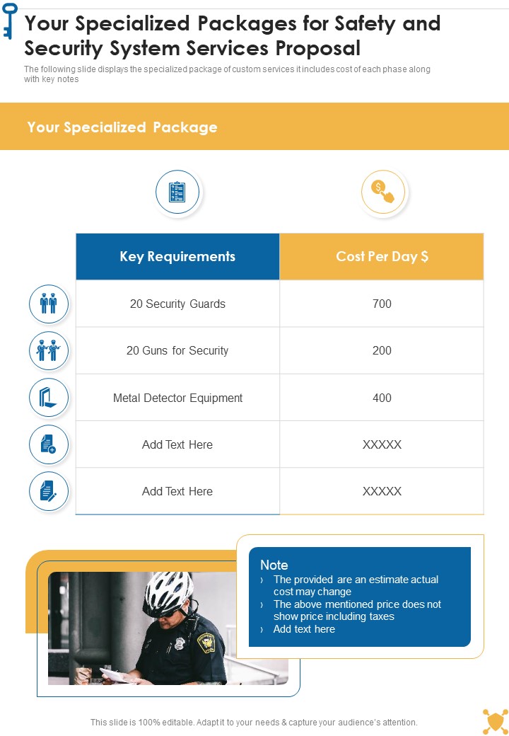 Your Specialized Packages For Safety And Security System Services Proposal One Pager Sample Example Document