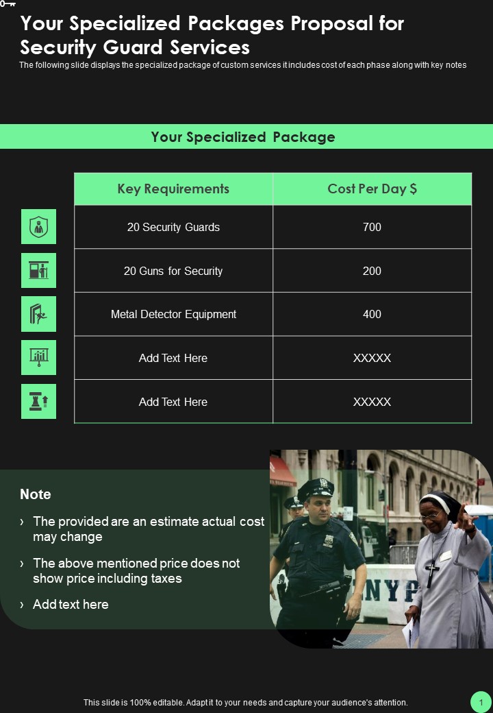 Your Specialized Packages Proposal For Security Guard Services One Pager Sample Example Document