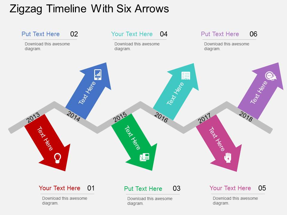 Zigzag Timeline With Six Arrows Powerpoint Templates