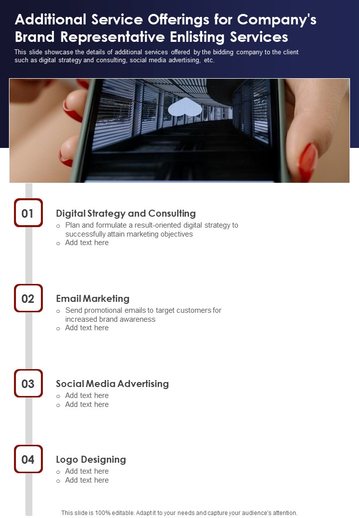 Additional Service Offerings For Companys Brand Representative One Pager Sample Example Document