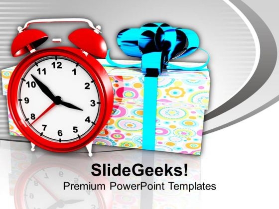 Alarm Clock With Gift Box Celebration PowerPoint Templates Ppt Backgrounds For Slides 1212