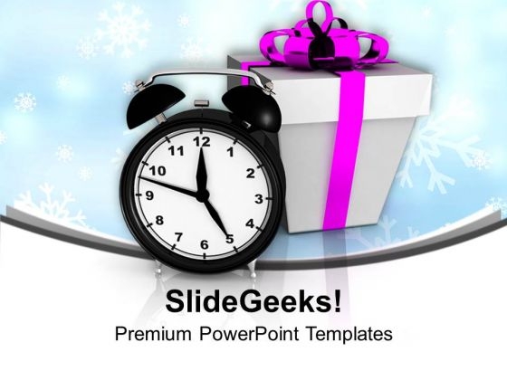 Alarm Clock With Gift Box Celebration Time PowerPoint Templates Ppt Backgrounds For Slides 0113