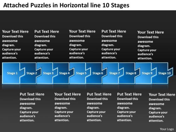 Attached Puzzles In Horizontal Line 10 Stages Vision Flow Charts PowerPoint Slides