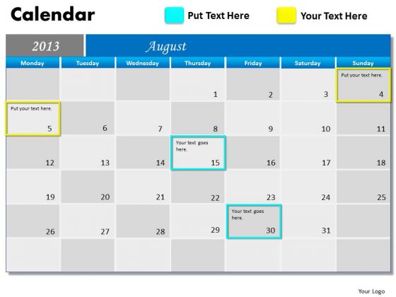 August 2013 Calendar PowerPoint Slides Ppt Templates