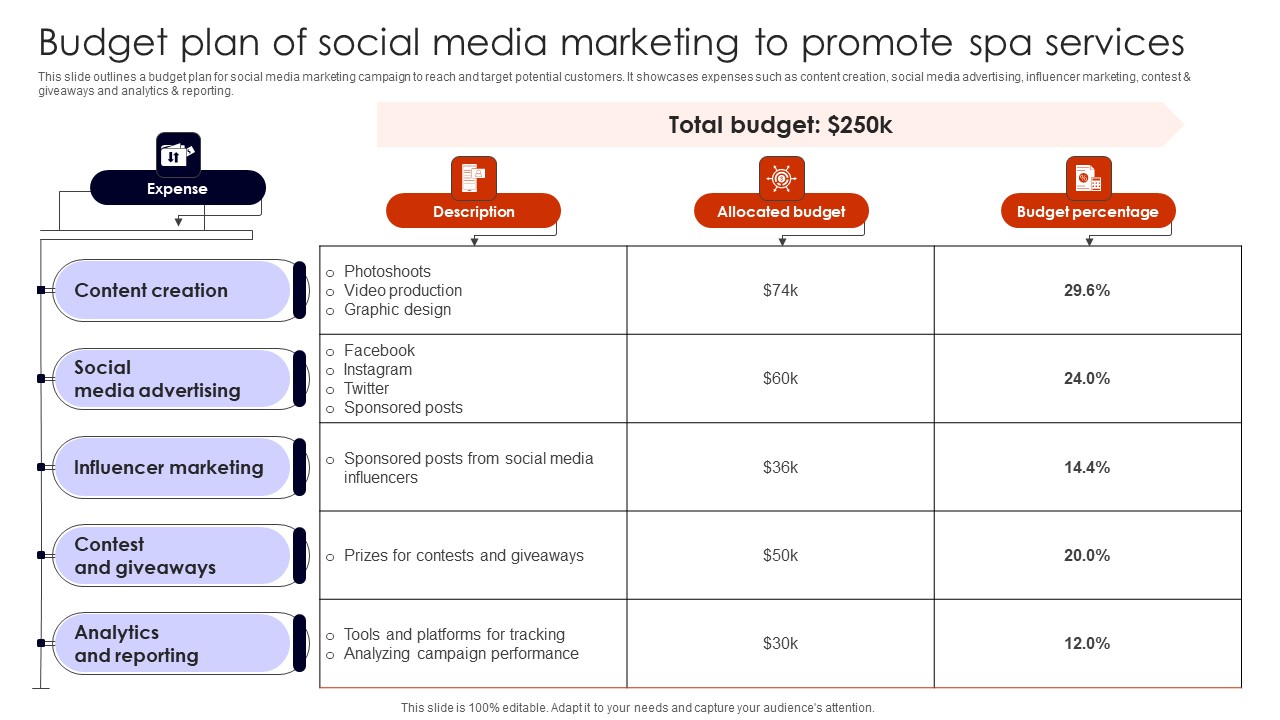 Budget Plan Of Social Media Building Spa Business Brand Presence Marketing Brochure Pdf