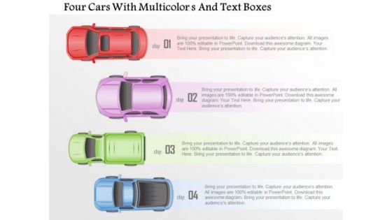 Busines Diagram Four Cars With Multicolors And Text Boxes Presentation Template