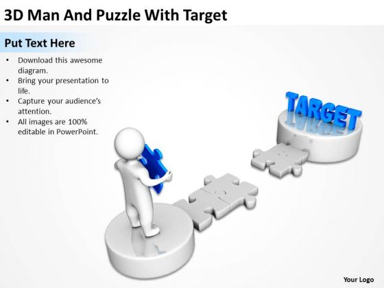 Business Activity Diagram 3d Man And Puzzle With Target PowerPoint Slides