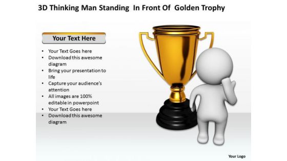 Business Analysis Diagrams Thinking Man Standing Front Of Golden Trophy PowerPoint Templates