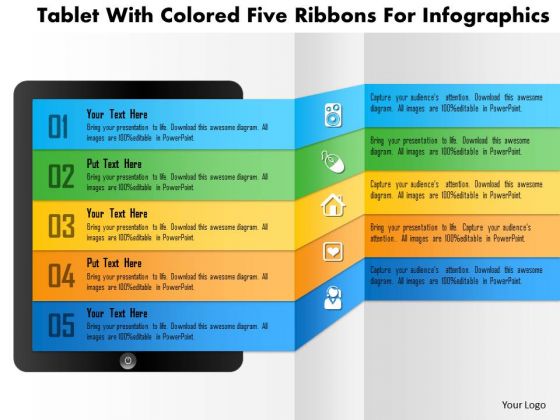 Business Daigram Tablet With Colored Five Ribbons For Infographics Presentation Templets