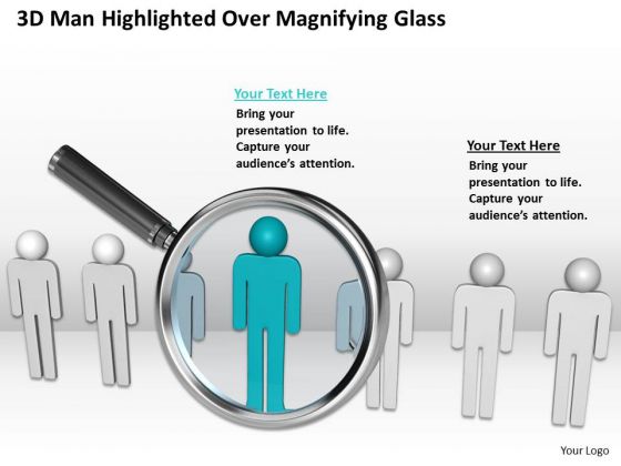 Business Development Process Flowchart Man Highlighted Over Magnifying Glass PowerPoint Templates