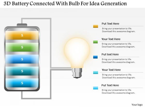 Business Diagram 3d Battery Connected With Bulb For Idea Generation PowerPoint Slide