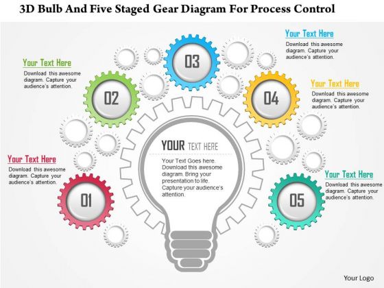 Business Diagram 3d Bulb And Five Staged Gear Diagram For Process Control Presentation Template