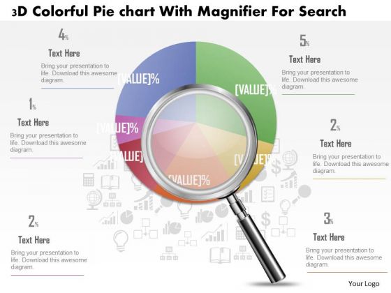 Business Diagram 3d Colorful Pie Graph With Magnifier Data Search PowerPoint Slide