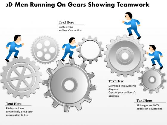 Business Diagram 3d Men Running On Gears Showing Teamwork Presentation Template
