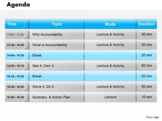 Business Diagram Agenda For Daily Lecture Schedule With Time And Topic Presentation Template