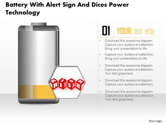 Business Diagram Battery With Alert Sign And Dices Power Technology PowerPoint Slide