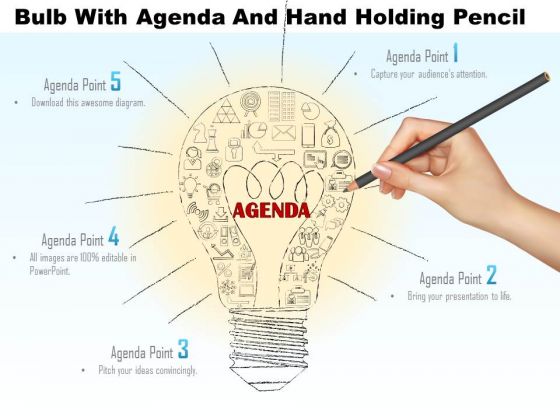 Business Diagram Bulb With Agenda And Hand Holding Pencil Presentation Template