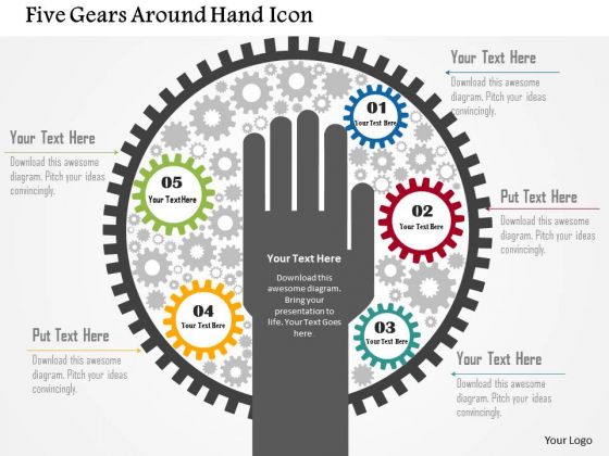 Business Diagram Five Gears Around Hand Icon Presentation Template