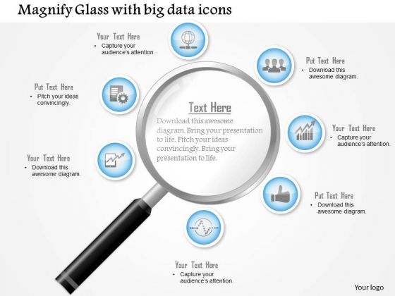 Business Diagram Magnifying Glass With Big Data Icons Surrounding The Lens Presentation Template